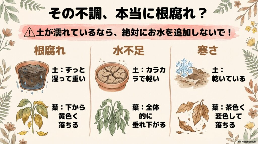 パキラの根腐れ、水不足、寒さによる症状の違いと、土や葉の状態の見分け方をまとめた図解