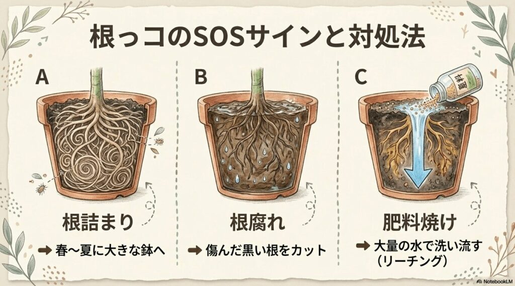 パキラの根詰まり、根腐れ、肥料焼けが起きている鉢の中の様子