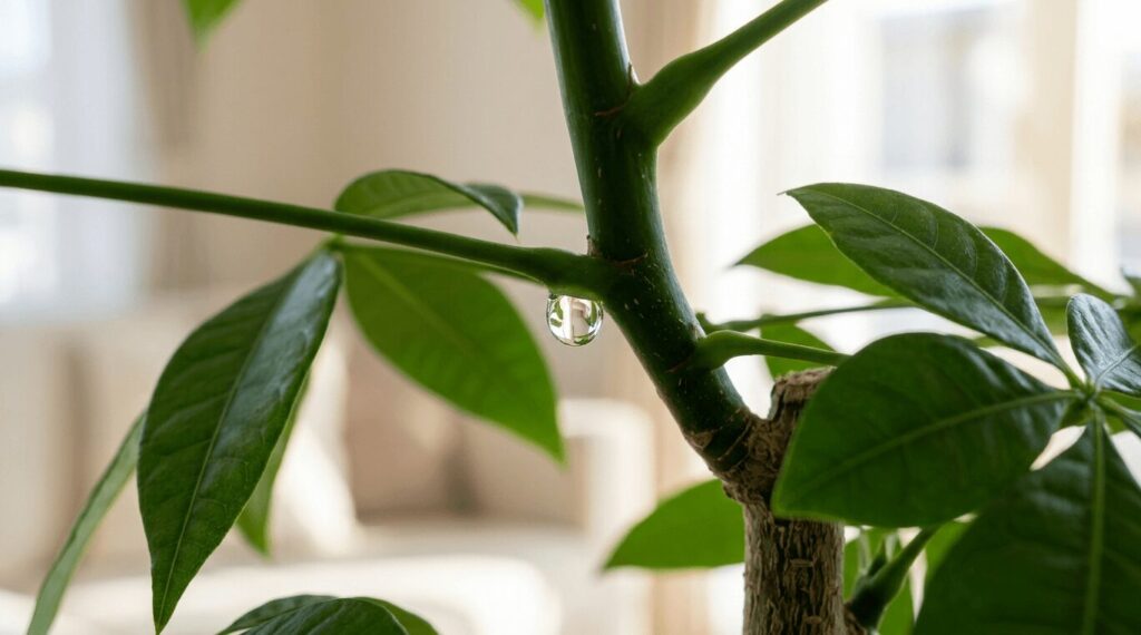 パキラの茎（葉の付け根）から出ている、透明で水滴のようなパキラの樹液