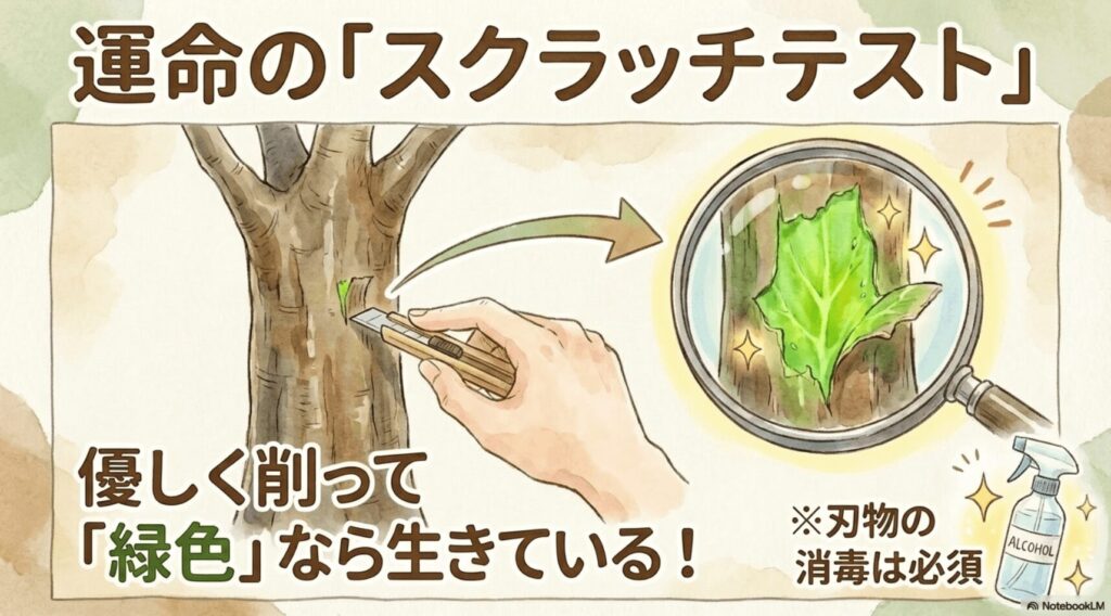 パキラのスクラッチテスト。表皮を優しく削って緑色なら生きているサイン