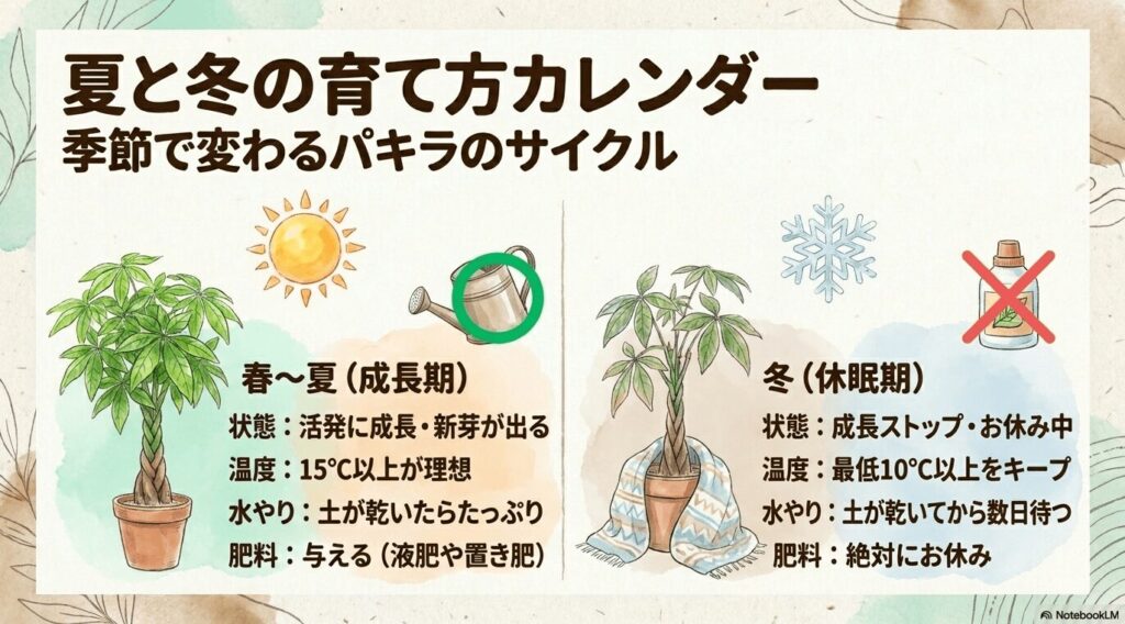 パキラの春夏（成長期）と冬（休眠期）における状態、温度、水やり、肥料の違いを比較した育て方カレンダー