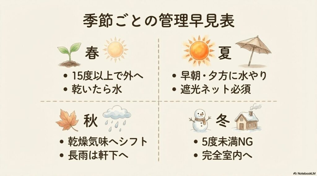 パキラの季節ごとの屋外管理早見表（春夏秋冬の置き場所と水やりのポイント）