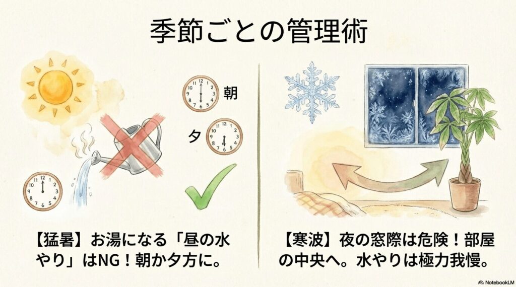 季節ごとの管理術 。猛暑日はお湯になる昼の水やりは避け、朝か夕方に行う 。寒波の夜の窓際は危険なため部屋の中央へ移動させ、水やりは極力我慢する 。時計と雪の結晶のイラスト。