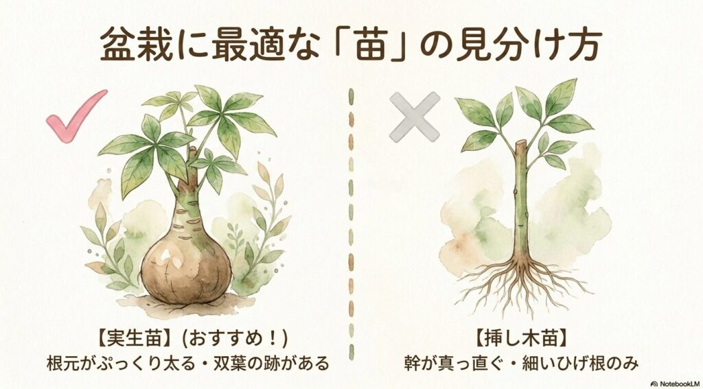 根元がぷっくり太る実生苗と、幹が真っ直ぐな挿し木苗の形の違いを比較したイラスト画像