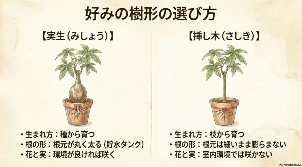 パキラの実生株（根元が膨らむ）と挿し木株（根元が細い）の決定的な違いを示すイラスト