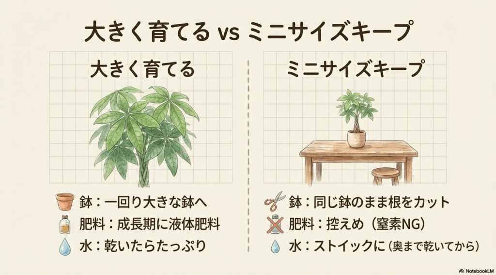 パキラを大きく育てる方法とミニサイズをキープする方法の比較