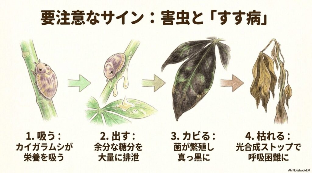 カイガラムシが栄養を吸い、甘露を排泄し、カビが繁殖してすす病になり、光合成が止まって枯れるまでの4段階の図解