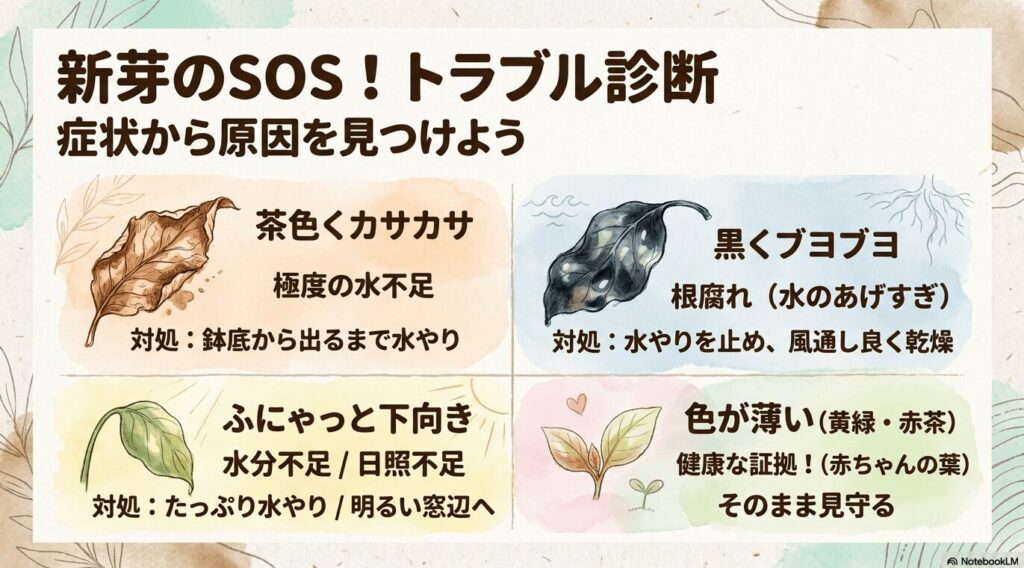 パキラの新芽のSOS症状（茶色くカサカサ、ふにゃっと下向き、黒くブヨブヨ、色が薄い）と対処法をまとめた図解