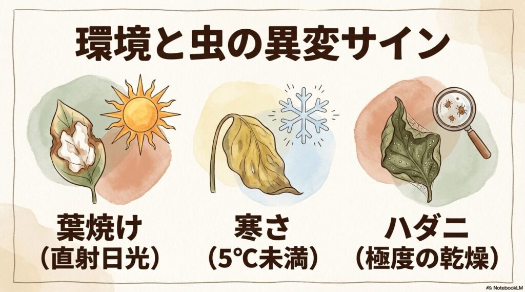 パキラの葉焼け、寒さ、ハダニなどの環境ストレスや害虫によるサイン
