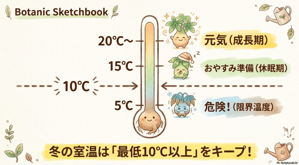 20℃から5℃までの気温別に、元気な成長期、おやすみ準備の休眠期、5℃で危険な限界温度となるパキラの生育状態を示したイラスト表