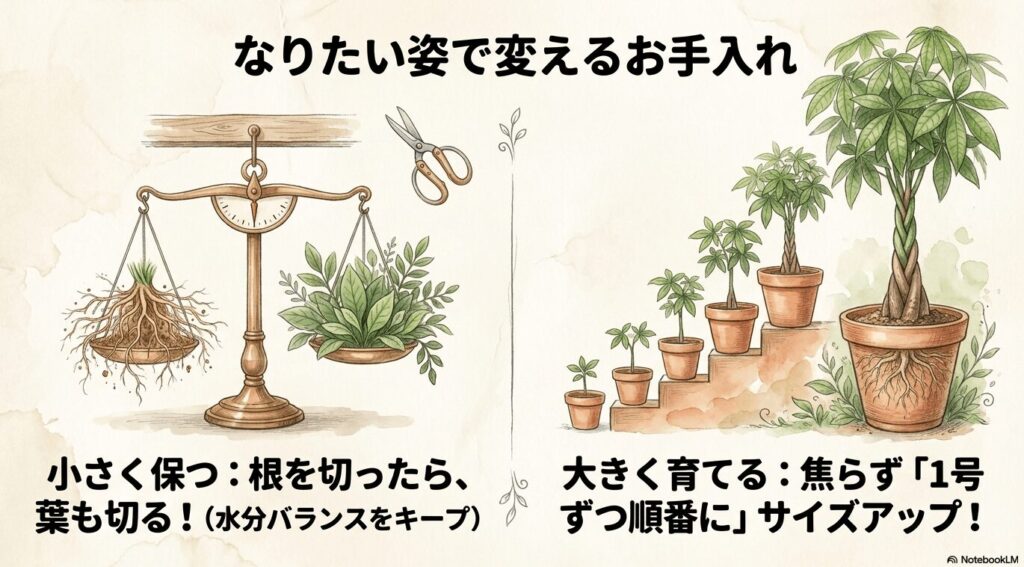 パキラを小さく保つための根と葉の水分バランス(T/R比)を天秤で表したイラスト