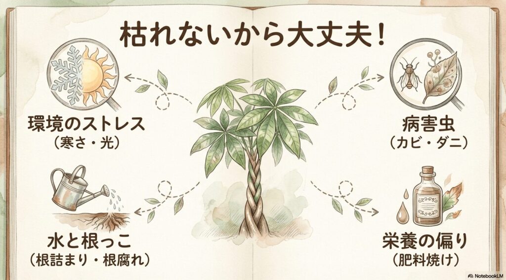 寒さ、日光、カビ、ダニなどパキラの葉が白くなる4つの主な原因