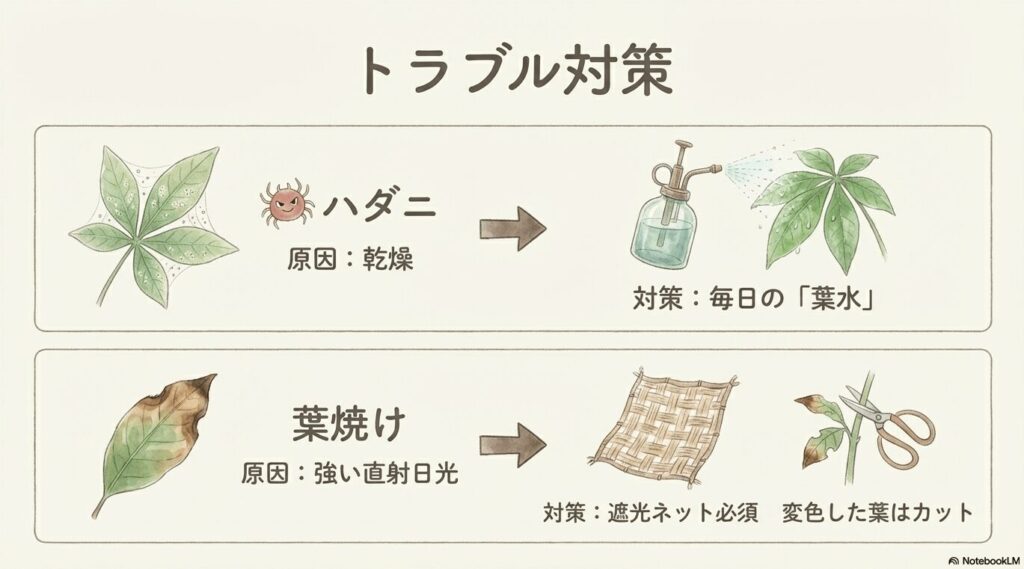 パキラの屋外トラブル対策（ハダニの葉水予防と葉焼けの原因・対策）