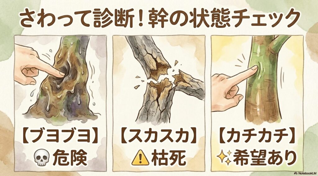 パキラの幹の状態チェック（ブヨブヨは危険、スカスカは枯死、カチカチは希望あり）