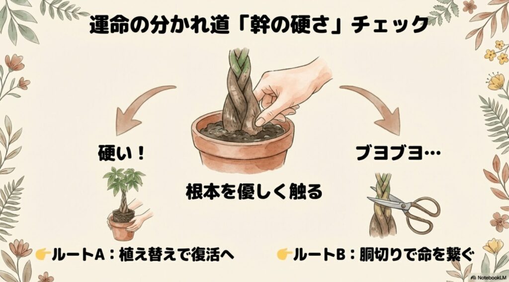 パキラの根本を触り、硬ければ植え替え(ルートA)、ブヨブヨなら胴切り(ルートB)で復活させる判断基準の図解