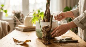 パキラが幹だけになった状態から、力強い緑色の新芽が復活して芽吹いている様子