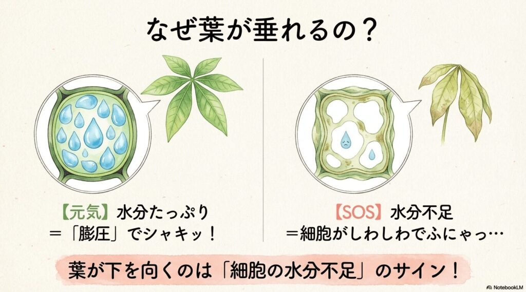 葉が下を向くのは細胞の水分不足のサイン 。水分たっぷりで膨圧によりシャキッとした細胞と、水分不足で細胞がしわしわになりふにゃっとなった状態の比較図 。