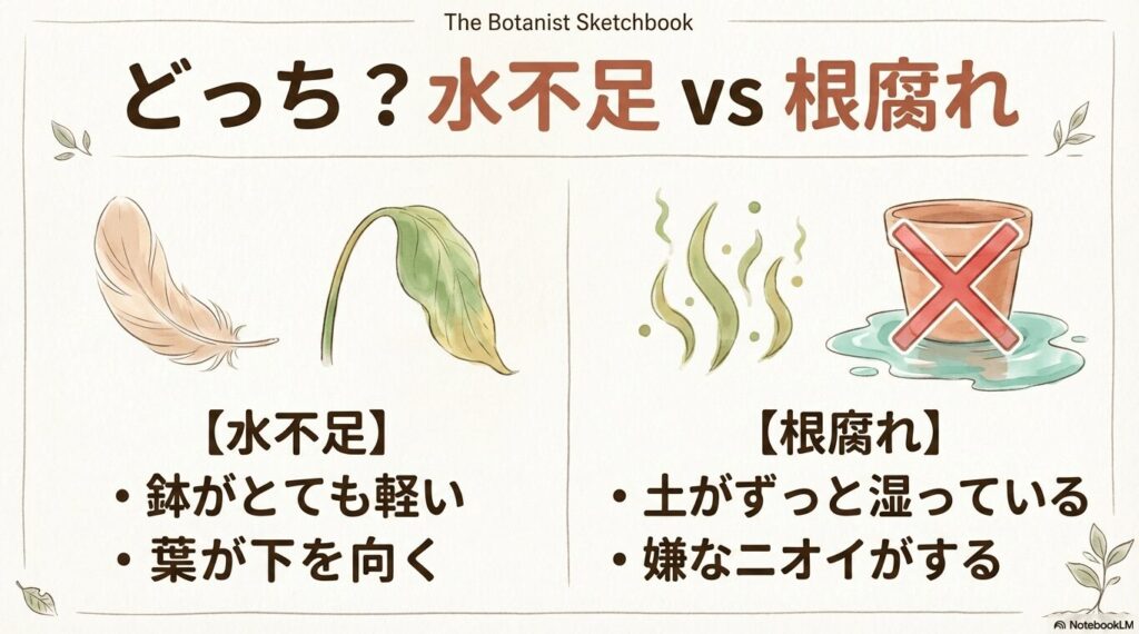 軽い鉢と下を向く葉は水不足、湿った土と嫌なニオイは根腐れのサイン