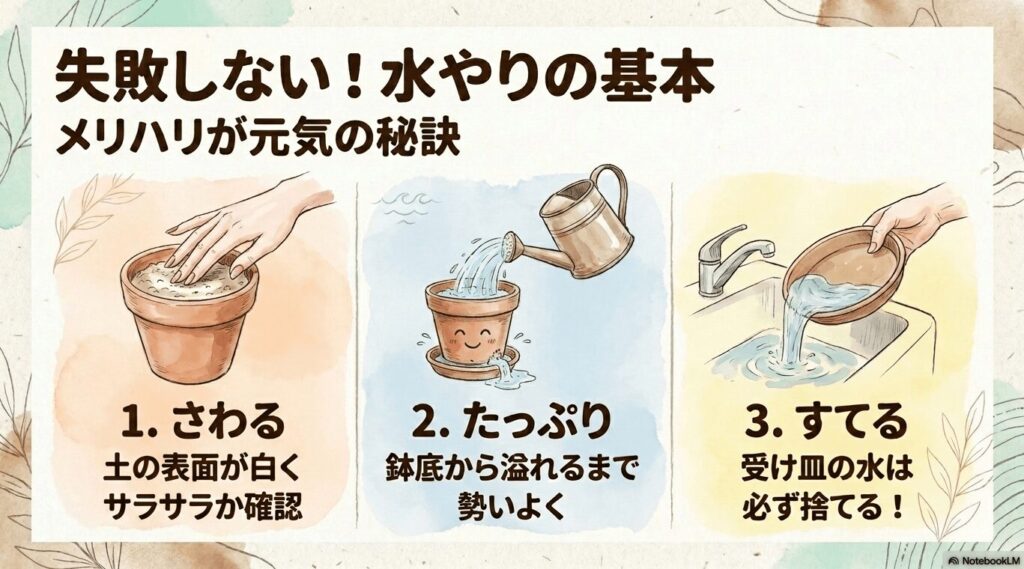 パキラの水やりの基本である「1.土の表面をさわる」「2.鉢底から溢れるまでたっぷり」「3.受け皿の水をすてる」の3ステップを図解したもの