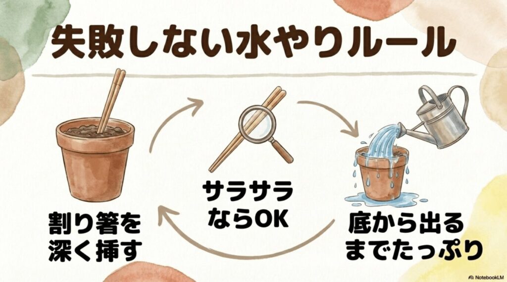 割り箸を深く挿して土がサラサラならたっぷり水やりをするサイン