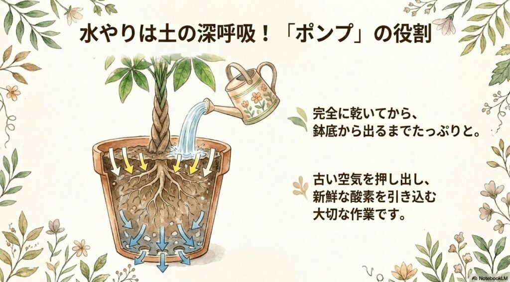 たっぷりの水やりが古い空気を押し出し、新鮮な酸素を引き込む土の深呼吸（ポンプの役割）になることを示した図解画像