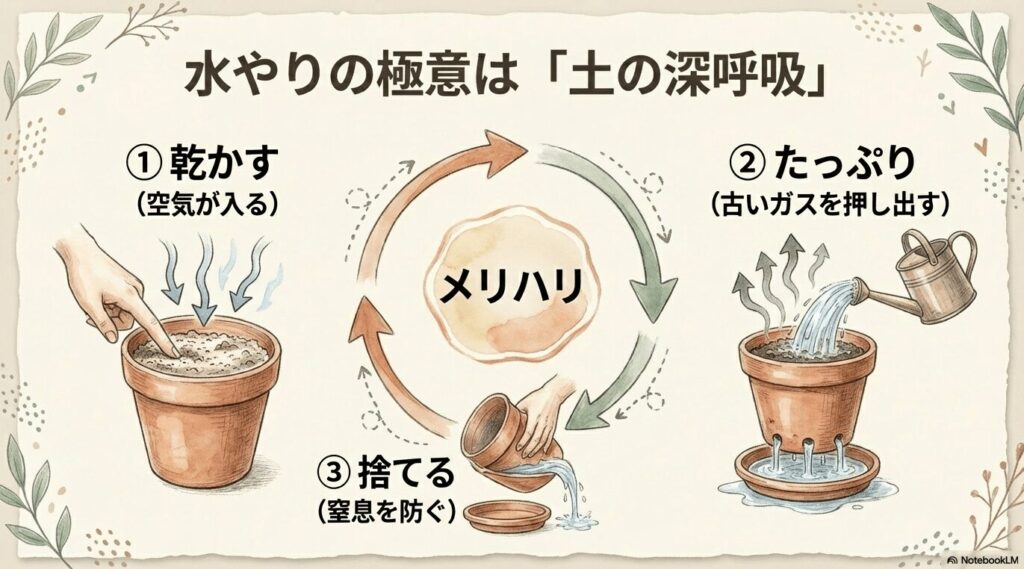 たっぷりの水やりで土の中の古い空気を押し出し、新鮮な空気を入れるイメージ