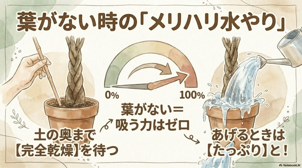 葉がないパキラの水やり方法。土の奥まで完全乾燥を待ってからたっぷり与えるメリハリ水やり