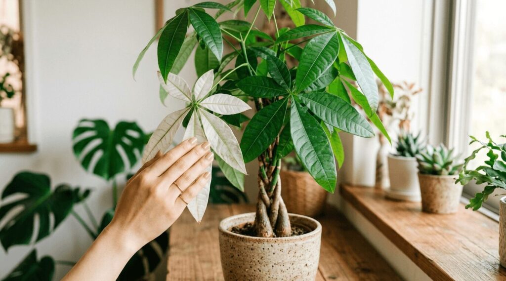 白く色が抜けたパキラの葉に優しく手を添える様子。パキラの葉が白くなる・葉の色が抜ける原因と優しい復活ケアを解説するアイキャッチ画像。