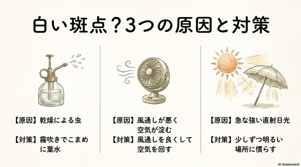 パキラの葉の白い斑点を防ぐ霧吹き（葉水）や日除け対策のイラスト