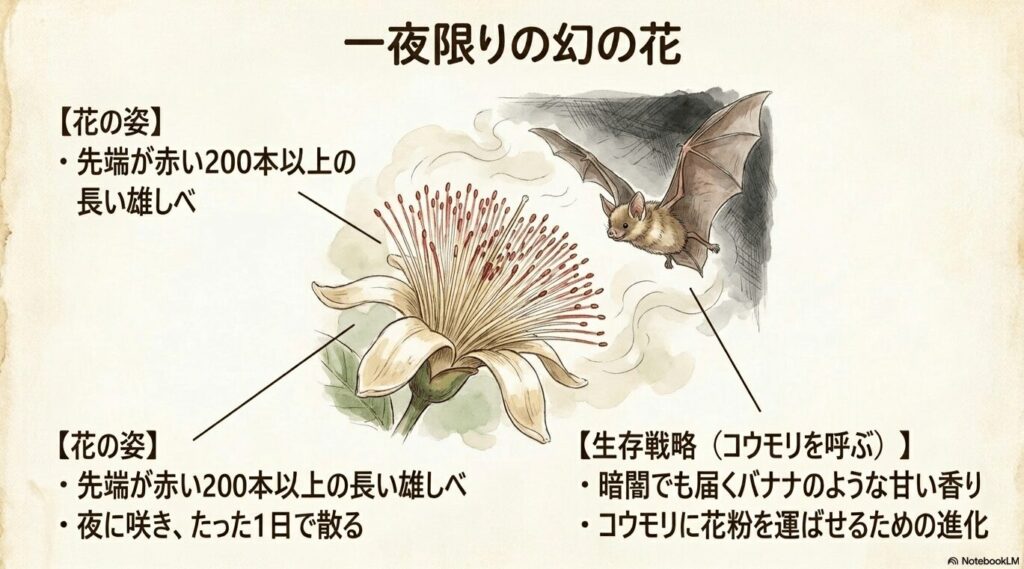 夜に咲きバナナの香りでコウモリを呼ぶパキラの幻の花のイラスト