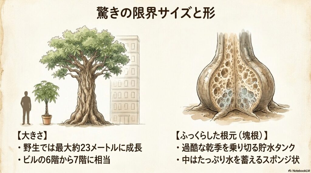 野生で20m超に巨大化したパキラと水分を蓄える塊根（かいこん）の断面イラスト