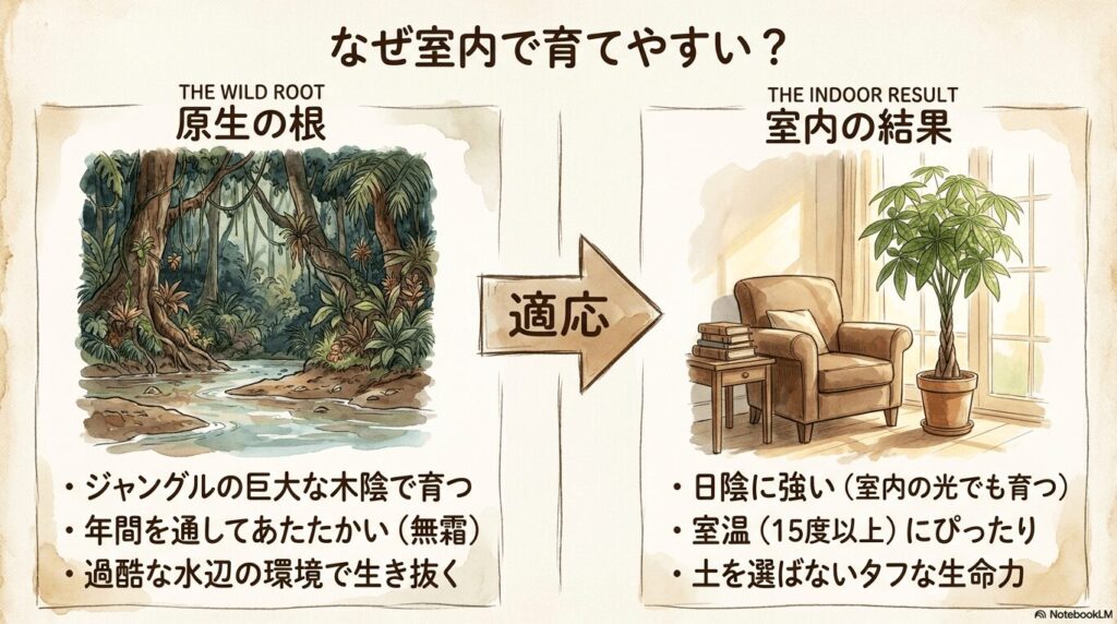 パキラの野生の自生地（ジャングルの水辺）と室内栽培の環境比較イラスト