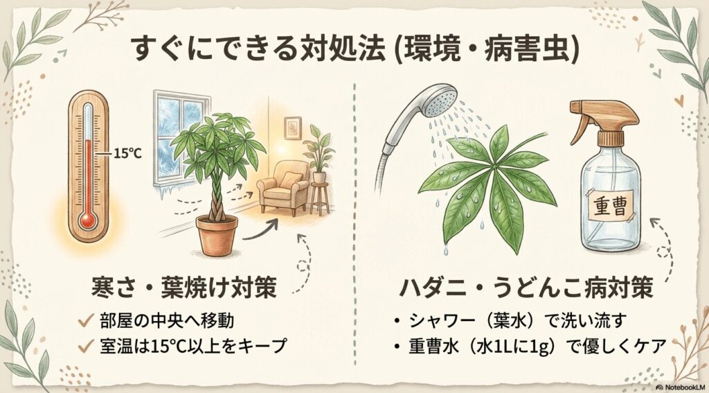 窓際の冷気を避けて部屋の中央へパキラを移動させる冬の寒さ対策