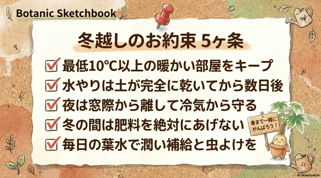 最低10度以上のキープ、完全に乾いてから数日後の水やり、冬の間は肥料を絶対にあげないなど、パキラの冬越しのお約束5ヶ条をまとめたリスト画像
