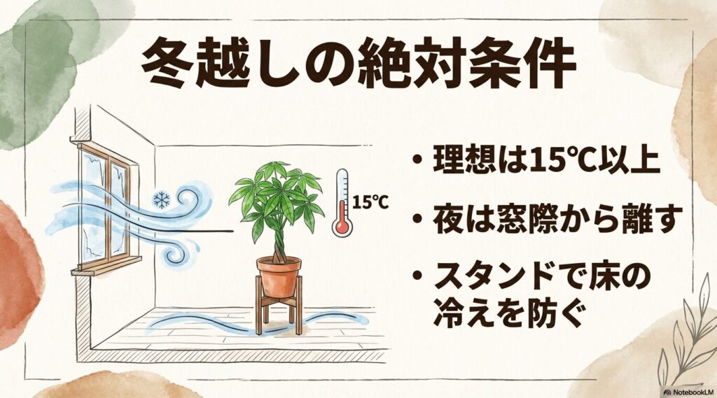 パキラを冬の寒さから守るため15度以上を保ち窓際から離す対策