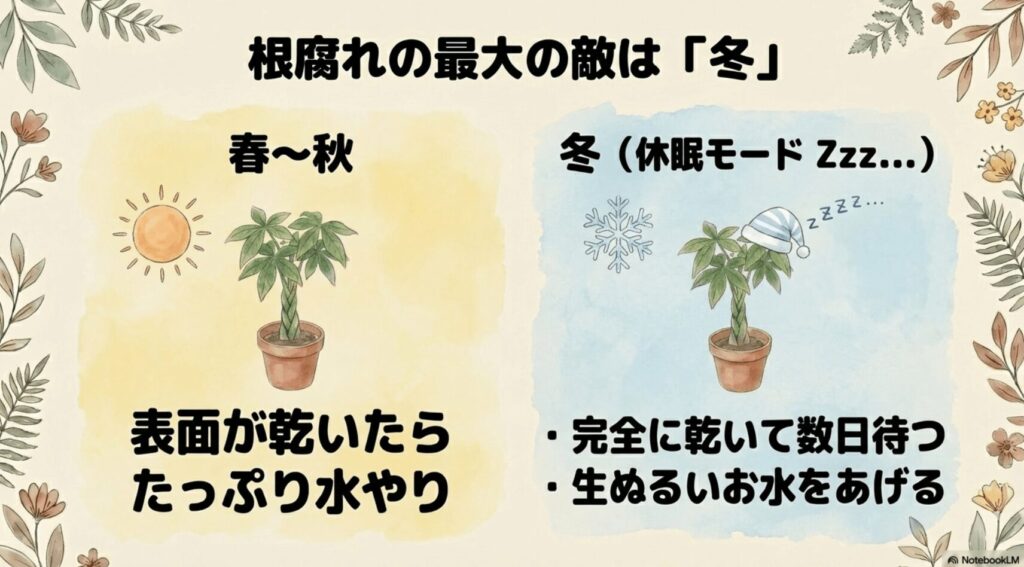 パキラの根腐れを防ぐための春〜秋と冬(休眠モード)の水やりのタイミングと温度の違いを示す図解