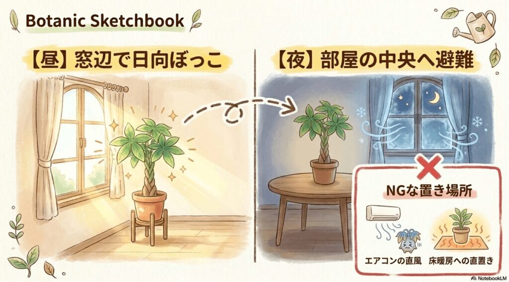 昼は窓辺で日向ぼっこ、夜は部屋の中央へ避難させるパキラの置き場所と、エアコンの直風や床暖房への直置きなどNGな場所の解説イラスト