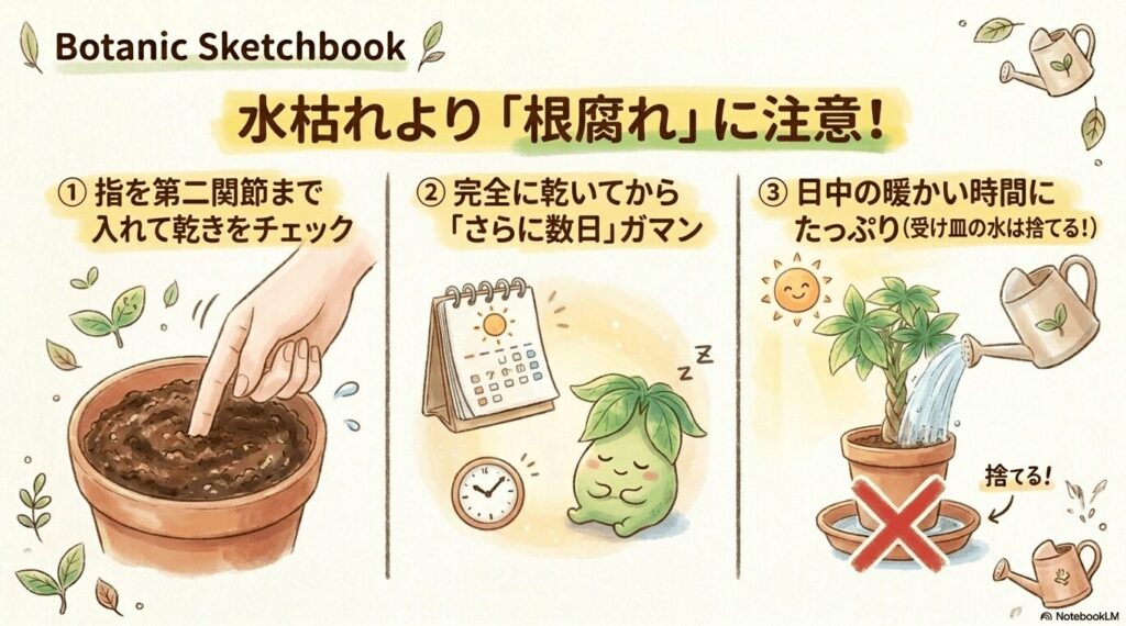 水枯れより根腐れに注意し、指を第二関節まで入れて完全に乾いてからさらに数日ガマンし、日中の暖かい時間にたっぷり水やりをする休眠期のパキラのイラスト