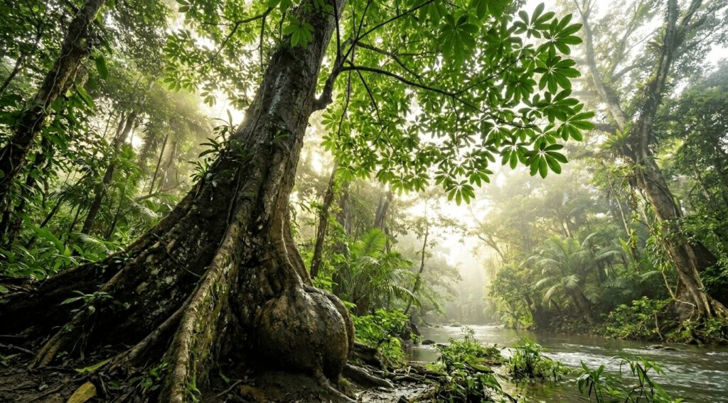 中南米の熱帯雨林の水辺に自生する、根元が大きく膨らんだ巨大な野生のパキラの姿