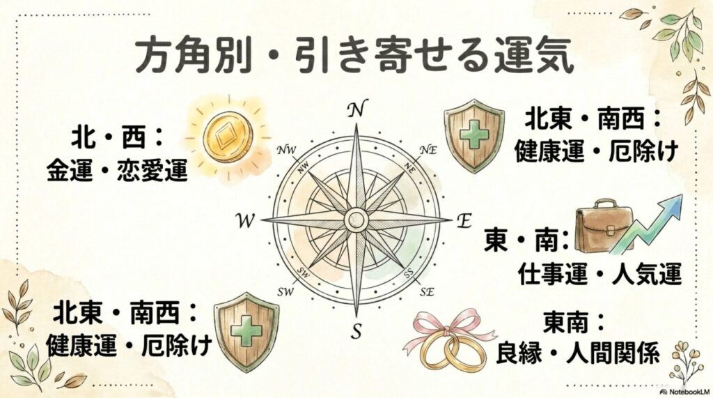 ガジュマルの運気を上げる最強の置き方を示すイラスト。下駄箱や棚の上の目線に入り管理しやすい場所がOK、冷気とホコリで弱る床への直置きがNGと解説。陶器・素焼き鉢で土の気をプラスするポイントも記載。