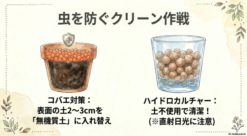 玄関の虫を防ぐクリーン作戦を示す図。コバエ対策として表面の土2〜3cmを無機質土に入れ替える方法と、土不使用で清潔なハイドロカルチャーのガラス容器をイラストで比較解説。