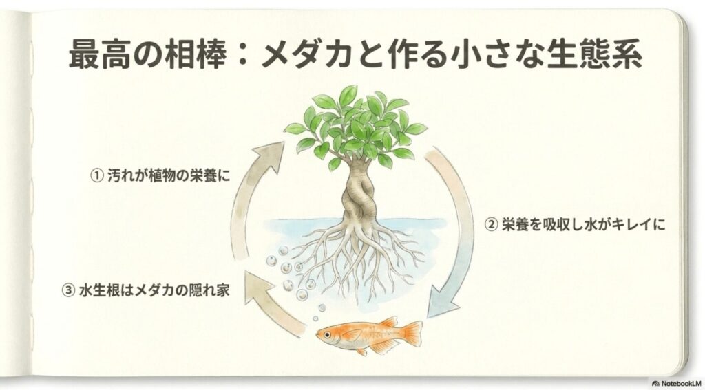 魚の排泄物をガジュマルが栄養として吸収し、植物が水を綺麗にするサイクルの図解イラスト