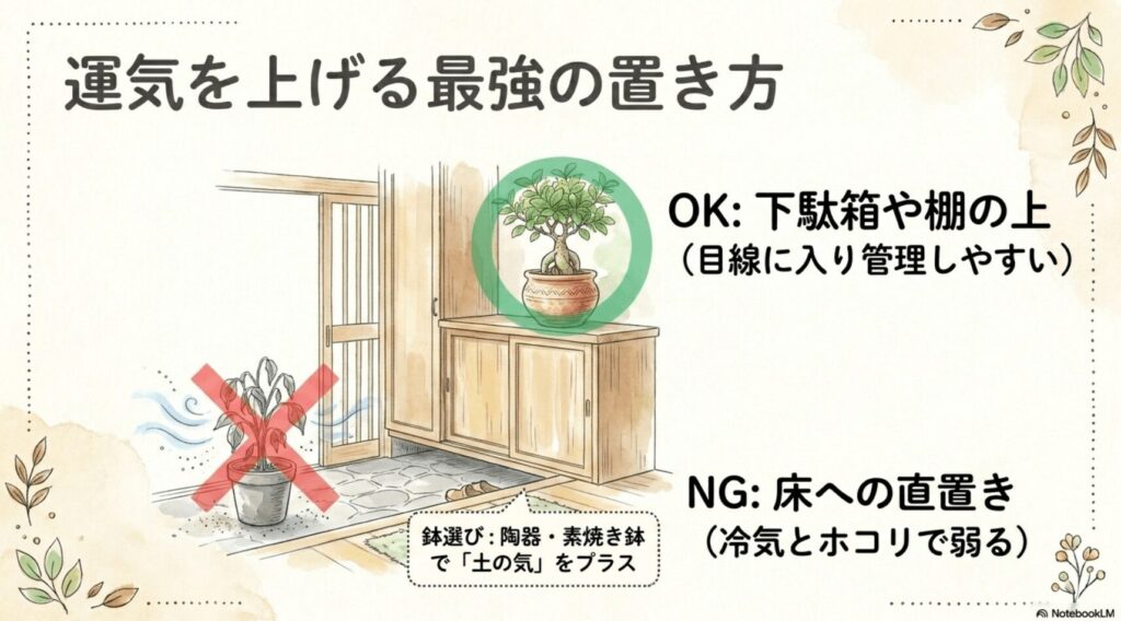 ガジュマルを置く方角別に引き寄せる運気を示すコンパスの図。北・西は金運・恋愛運、東・南は仕事運・人気運、北東・南西は健康運・厄除け、東南は良縁・人間関係と解説。