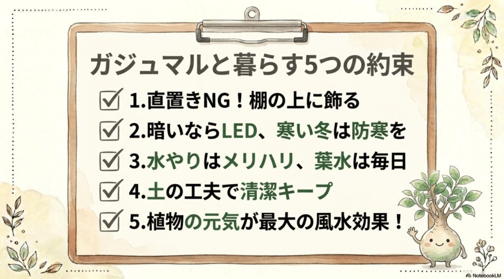 ガジュマルと暮らす5つの約束が書かれたチェックリスト。直置きNG、暗いならLED・冬は防寒、水やりはメリハリ・葉水は毎日、土の工夫で清潔キープ、植物の元気が最大の風水効果という5項目を記載。