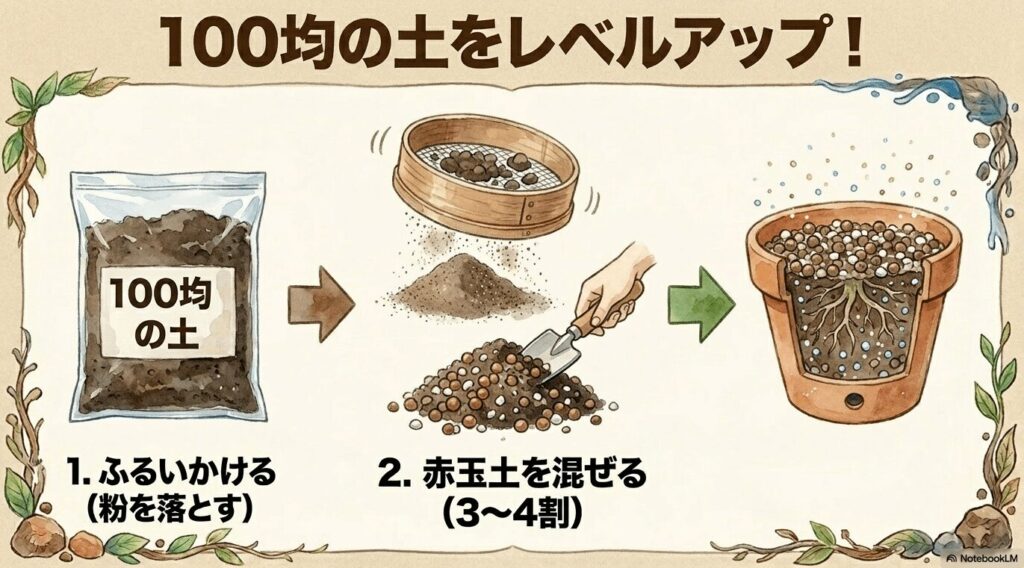 100均の土の袋のイラスト。そのまま使わず、ふるいにかけて粉を落とし、赤玉土を3〜4割混ぜてレベルアップさせる手順を説明しています。