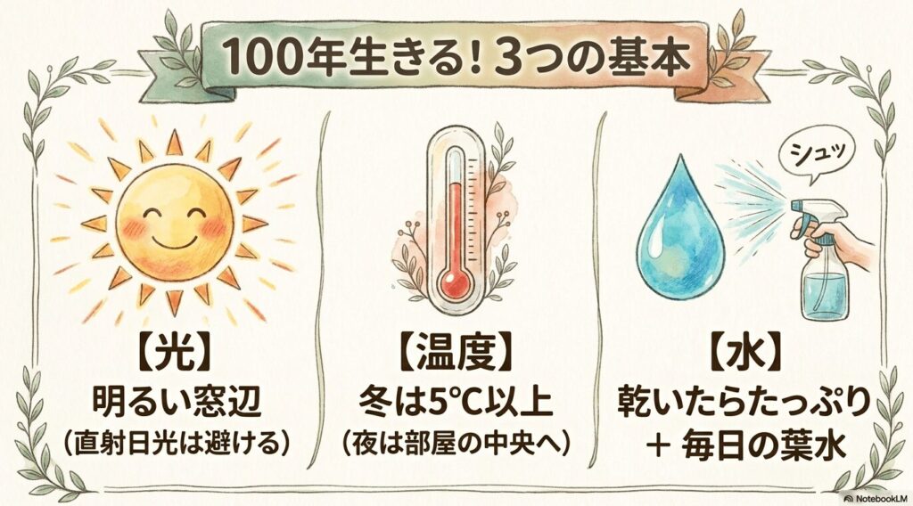 ガジュマルが100年生きるための3つの基本。光（直射日光を避けた明るい窓辺）、温度（冬は5℃以上で夜は部屋の中央へ）、水（乾いたらたっぷり与え、毎日の葉水）のポイントをまとめた図解。