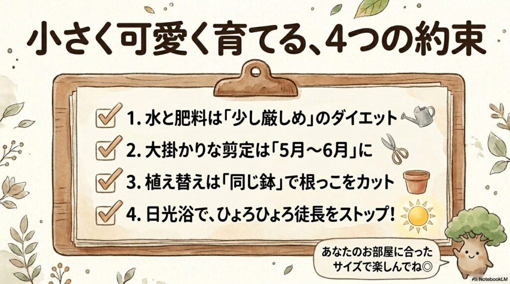 ガジュマルの理想のサイズをキープするための4つの約束（1.水と肥料は少し厳しめのダイエット、2.大掛かりな剪定は5月〜6月に、3.植え替えは同じ鉢で根っこをカット、4.日光浴でひょろひょろ徒長をストップ）をまとめたスライド