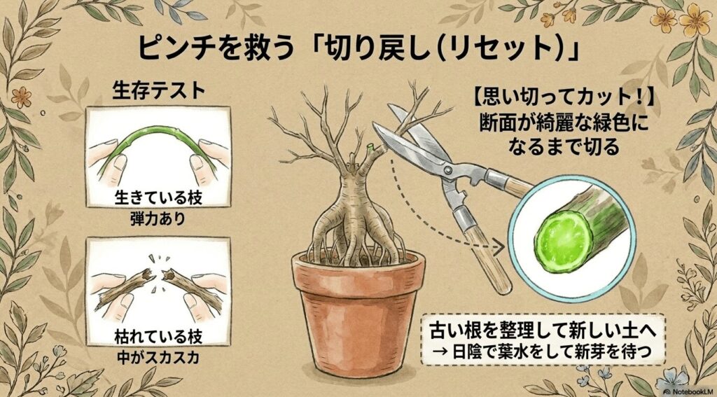 枯れかけたガジュマルのピンチを救う切り戻し方法。枝を曲げて弾力があれば生きている証拠。断面が綺麗な緑色になるまで思い切ってカットし、古い根を整理して新しい土へ植え替え、日陰で葉水をして新芽を待つ手順。