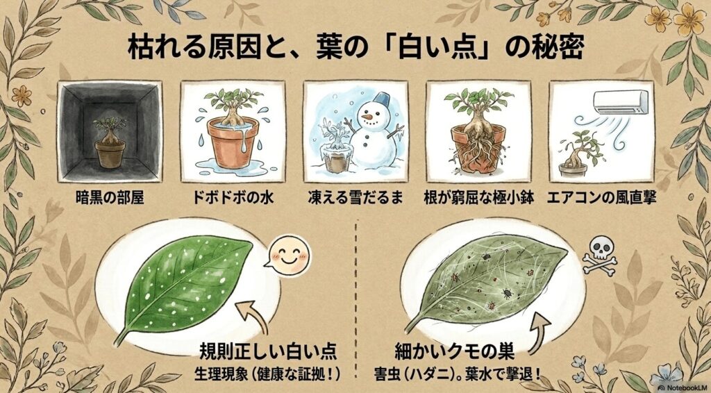 ガジュマルが枯れる原因となる、暗黒の部屋、ドボドボの水、凍える雪だるま、根が窮屈な極小鉢、エアコンの風直撃の5つのイラスト。また、葉の規則正しい白い点は健康な証拠の生理現象であり、細かいクモの巣はハダニのサインであることの解説。