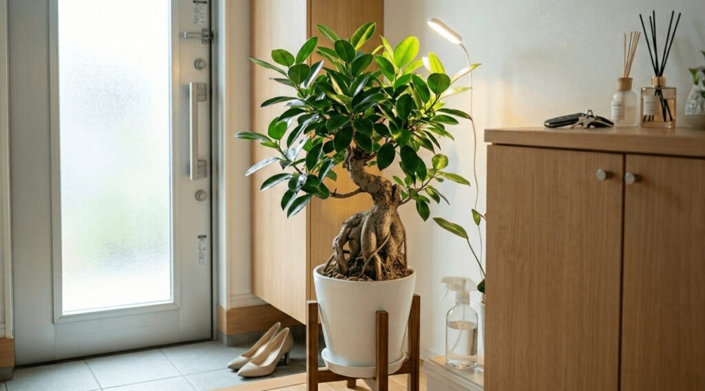 植物育成用LEDライトに優しく照らされた、玄関に飾られている元気なガジュマルの鉢植え。白い陶器鉢と木製のフラワースタンドが使われ、手前には葉水用の霧吹きスプレーが置かれています。風水効果で運気アップが期待できる、明るく清潔感のある玄関の風景です。